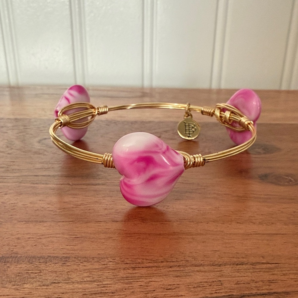 Gold and Pink Heart Bangle Bracelet by Bourbon and Bowties